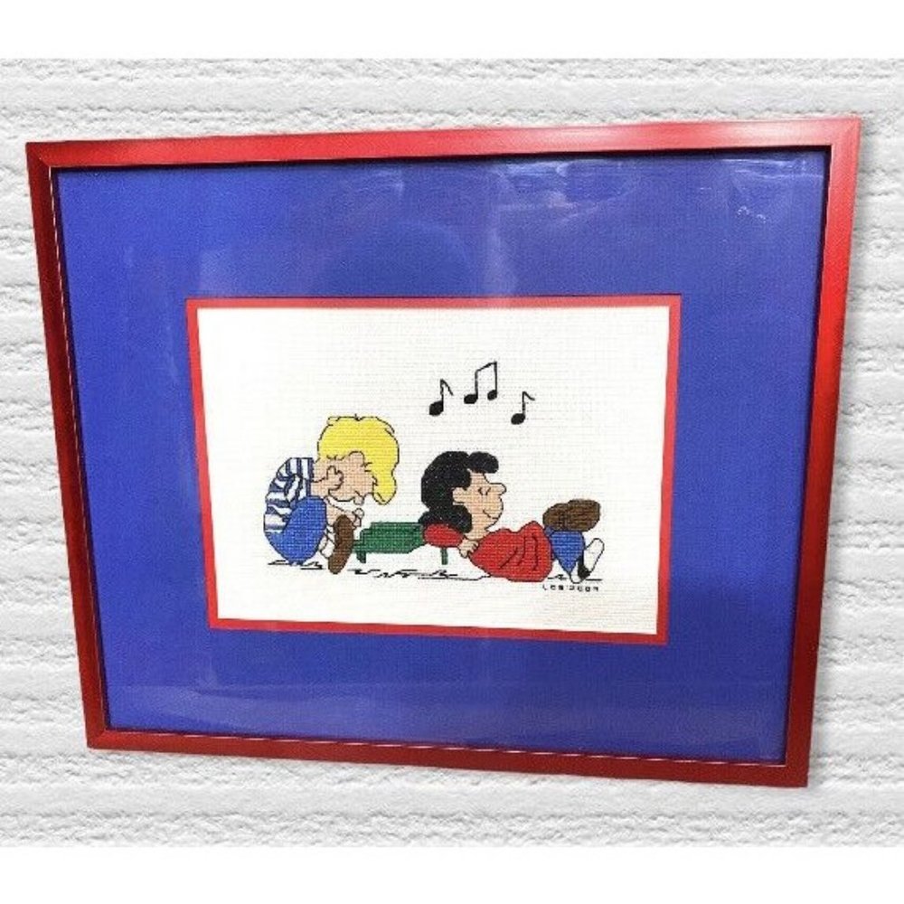 Framed Needlepoint Art Peanuts‎ Schroeder & Lucy 12x12 2009 Metal Frame
